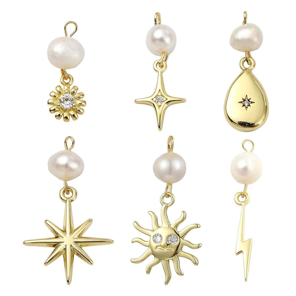 8476 6 pcs 6 Styles Celestial Theme Brass Natural Pearl Charms Sun Star